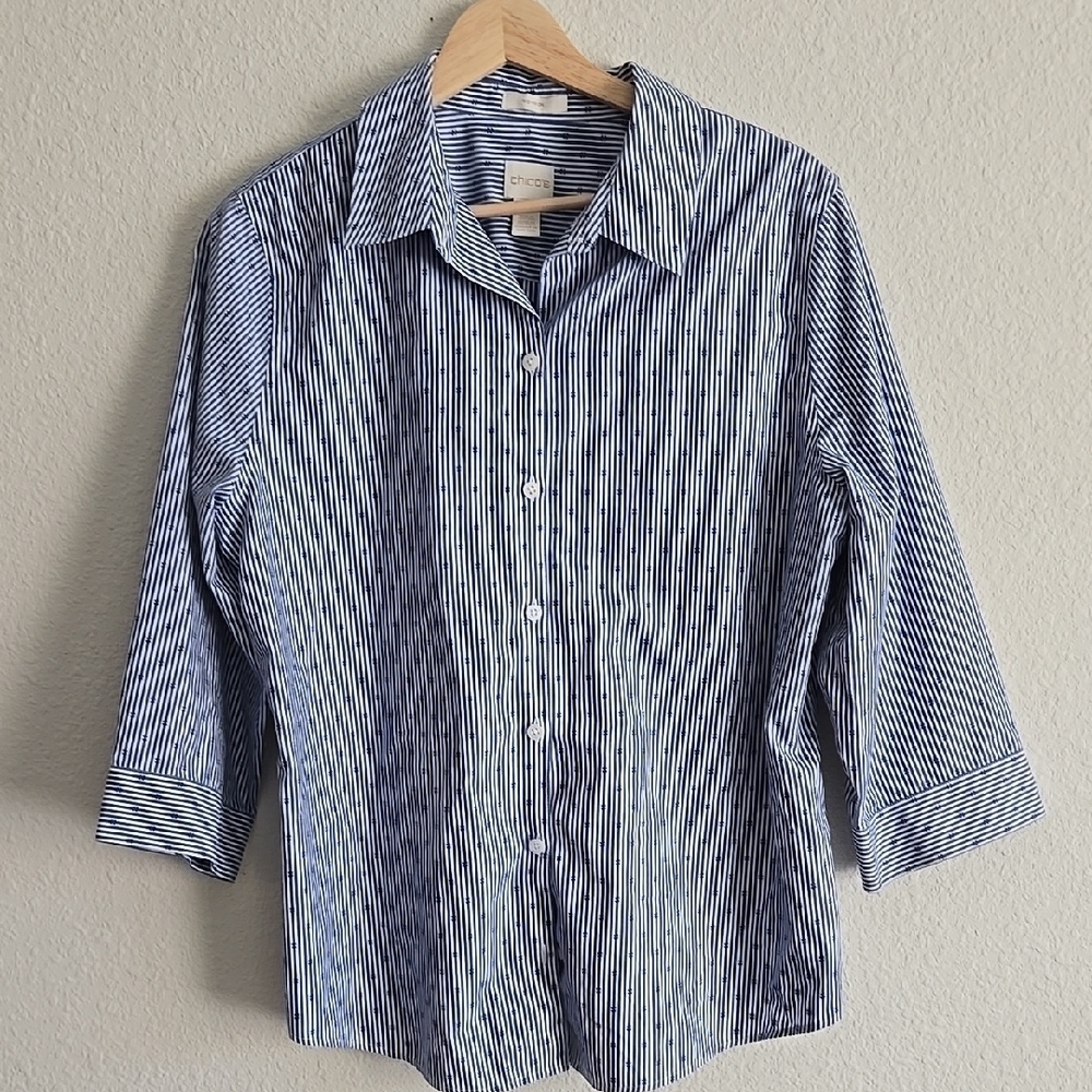 Blue Striped Women Button Down 3/4 Sleeves Shirt Summer Office Business Casual